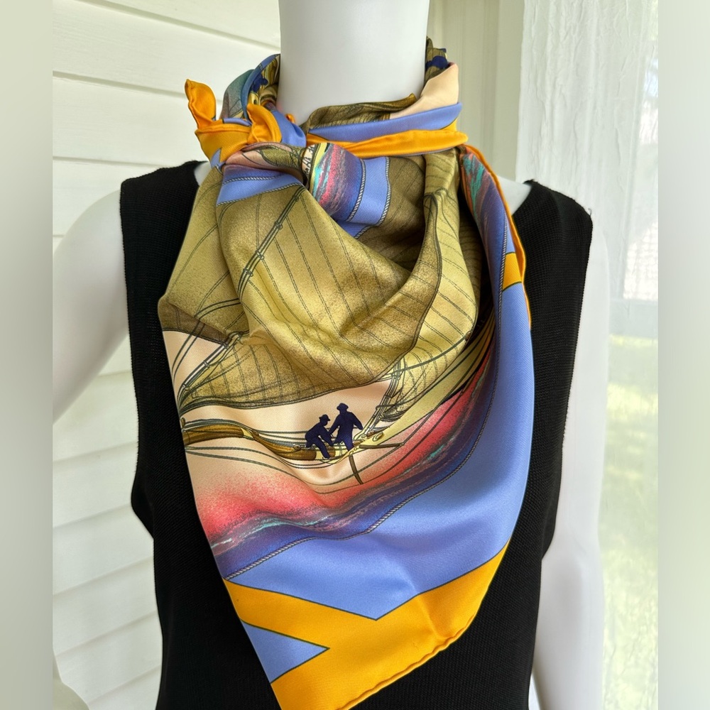 ❣️Hermès Silk Scarf 90 cm “RAFALES” by Yannick Manier worn as a top!